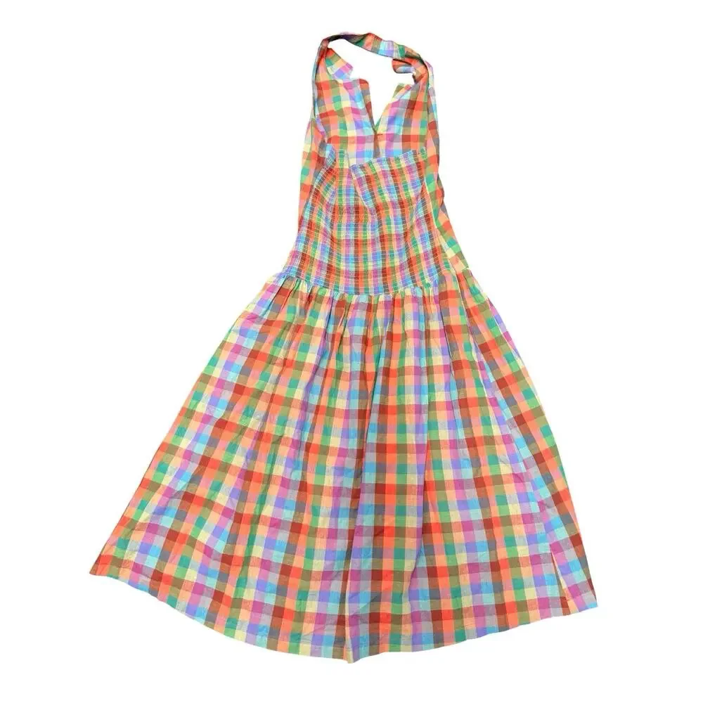NWT Lisa Says Gah Vaughn Midi Dress Colorburst Plaid Halter Smocked Back L - Picture 9 of 11